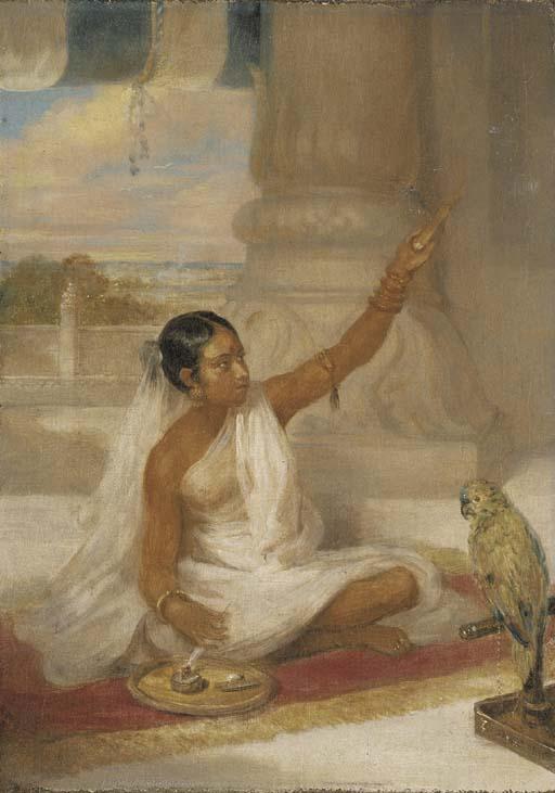 Arthur William Devis - A Hindu girl seated cross-legged spinning watched by a parrot