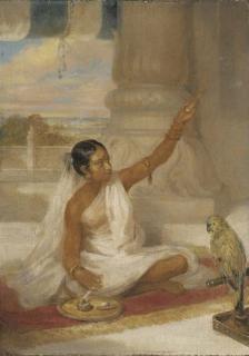 Arthur William Devis - A Hindu girl seated cross-legged spinning watched by a parrot
