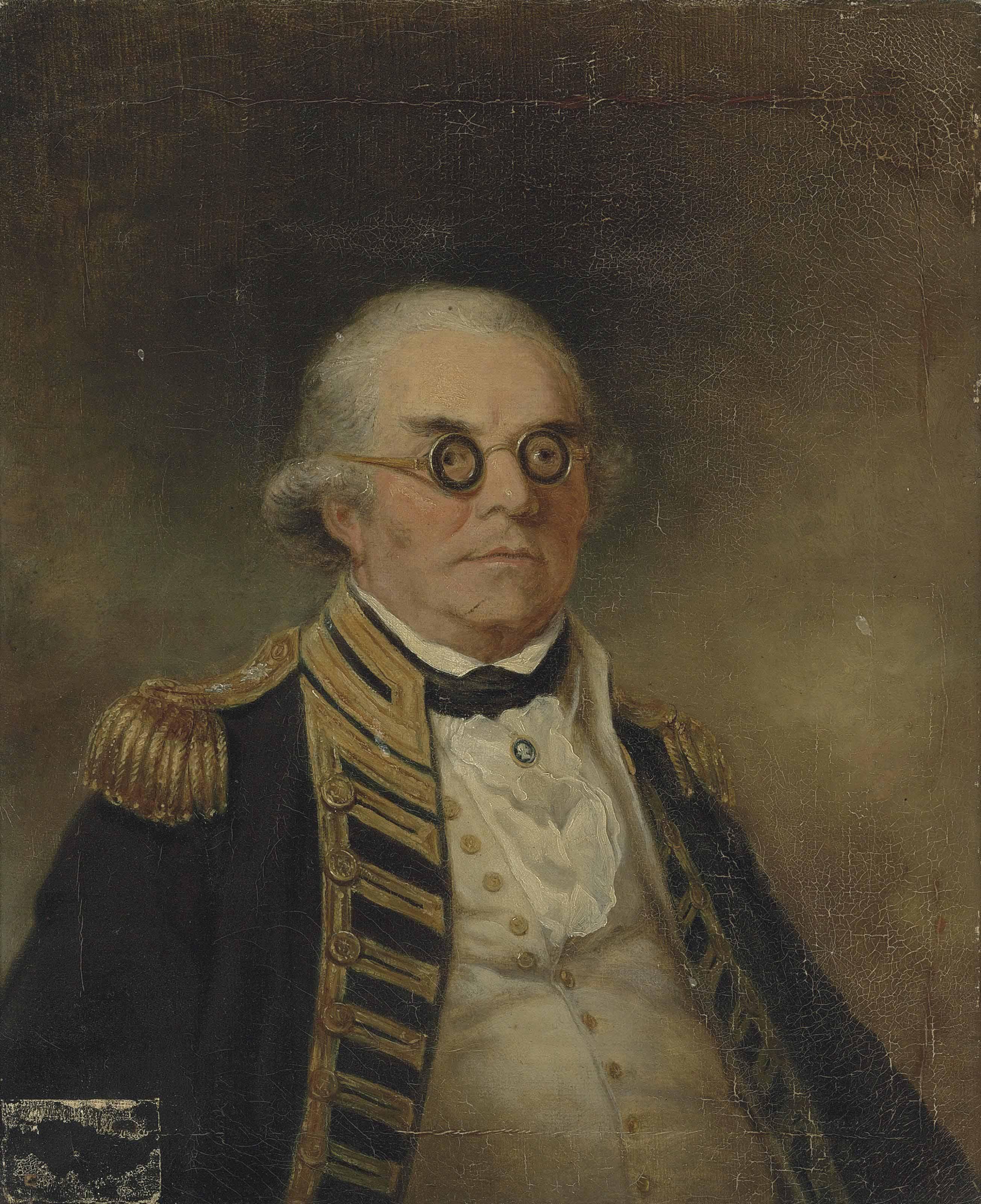 Arthur William Devis - Portrait of Admiral Peter Rainier (1741-1808), bust-length, in naval uniform and wearing a blue and white cameo and circular spectacles