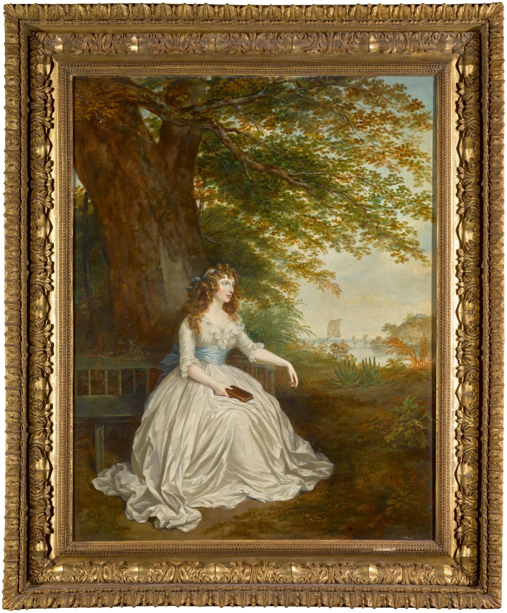 Arthur William Devis - Portrait of Emily Shakespear, full-length, sitting on a bench under a tree by the Hooghly river in India, holding a book