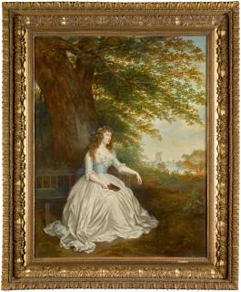 Arthur William Devis - Portrait of Emily Shakespear, full-length, sitting on a bench under a tree by the Hooghly river in India, holding a book