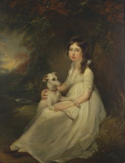 Arthur William Devis - Portrait of Miss Ann Goldsmid (1782-1811), full-length, seated in a landscape, in a white dress, with a whippet