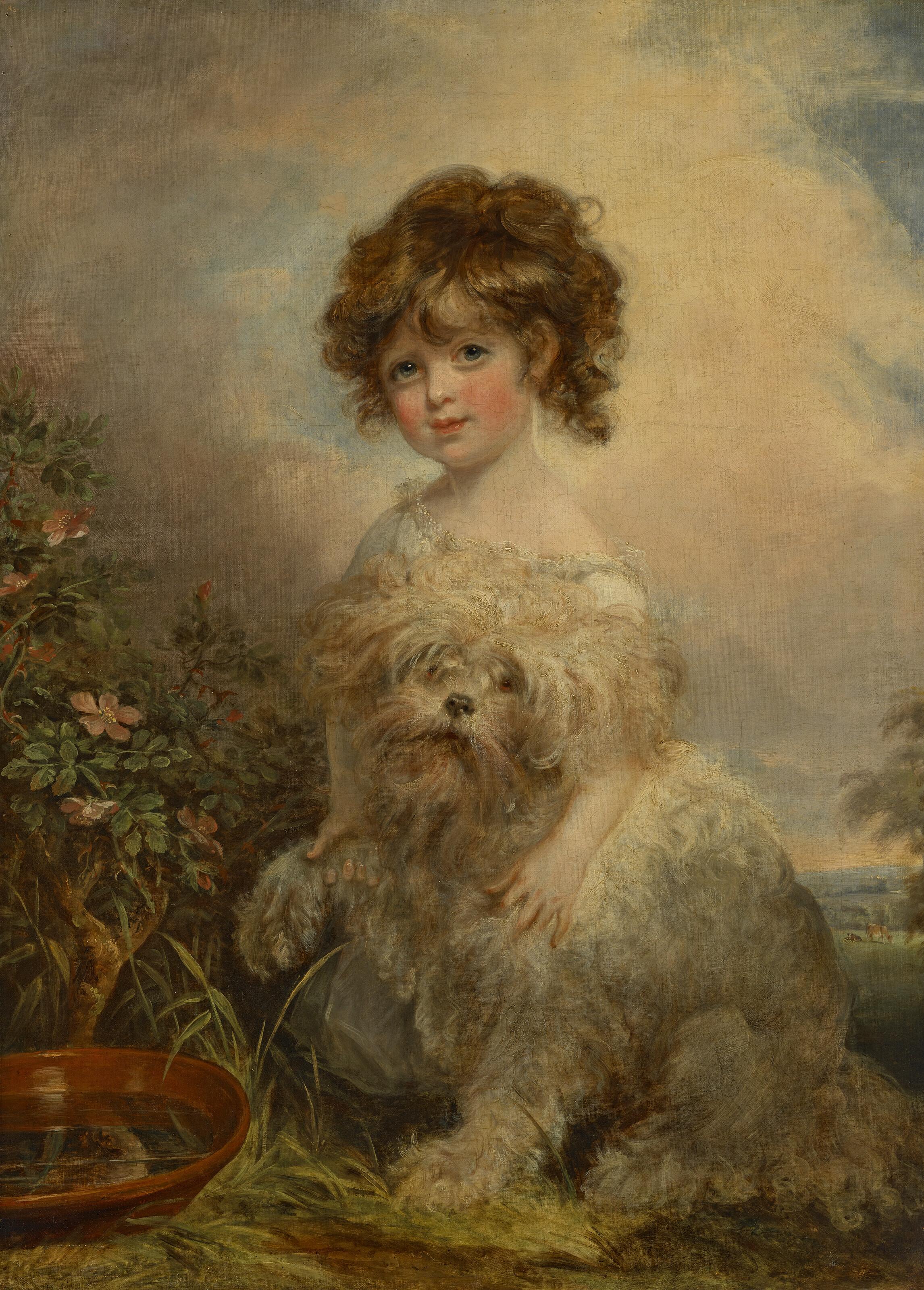 Arthur William Devis - Portrait of Miss Hetty Goldsmid (1798-1816), as a young girl, full-length, in a white dress, with a dog in a landscape