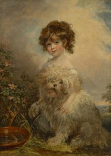 Arthur William Devis - Portrait of Miss Hetty Goldsmid (1798-1816), as a young girl, full-length, in a white dress, with a dog in a landscape