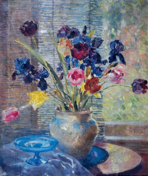 Arthur William Woelfle - Still life of tulips and irises in a vase