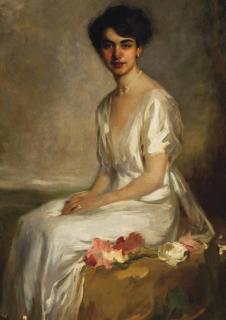Artur Lajos Halmi - Portrait Of An Elegant Young Woman Dressed In White