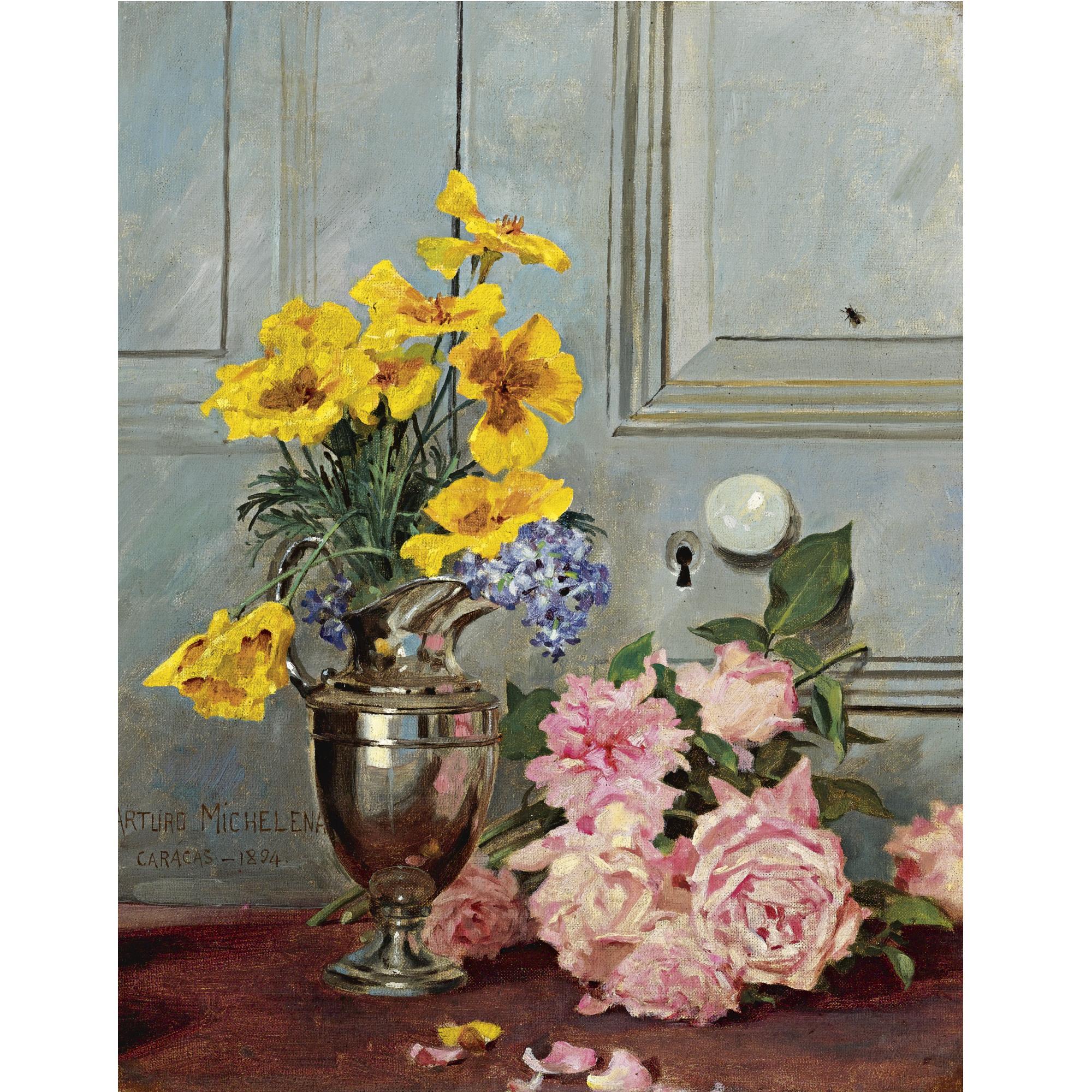 Arturo Michelena - Still Life With Pink Roses