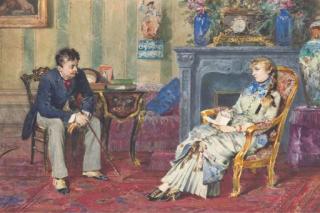 Arturo Orselli - Un couple assis dans un intérieur, la femme tenant une lettre