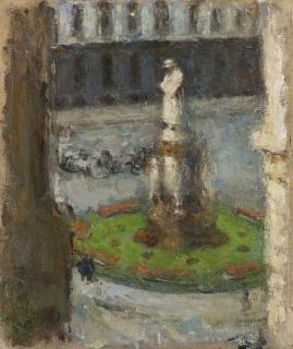 Arturo Rietti - Scorcio di Piazza della Scala a Milano con il monumeto a Leonardo da Vinci