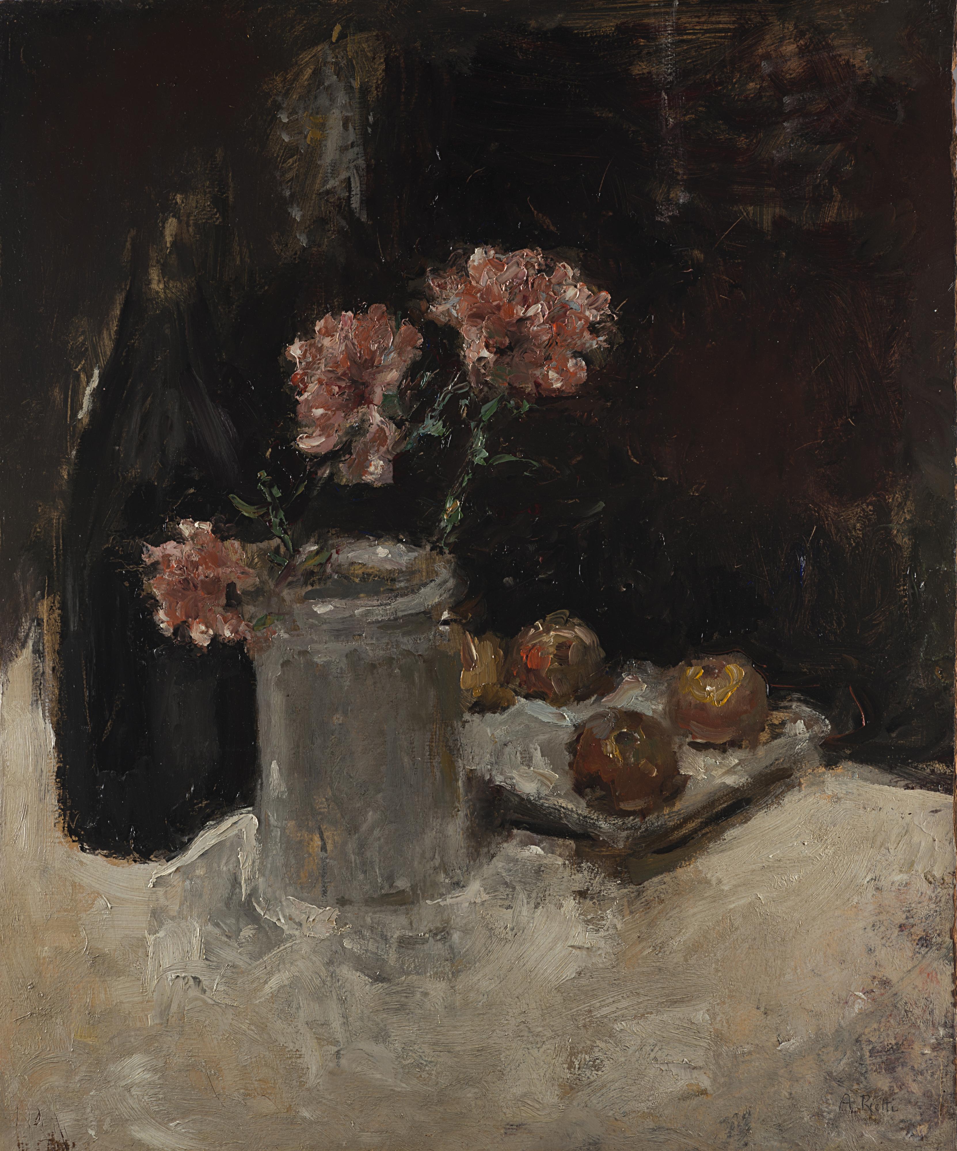 Arturo Rietti - Vaso con fiori rosa e frutta