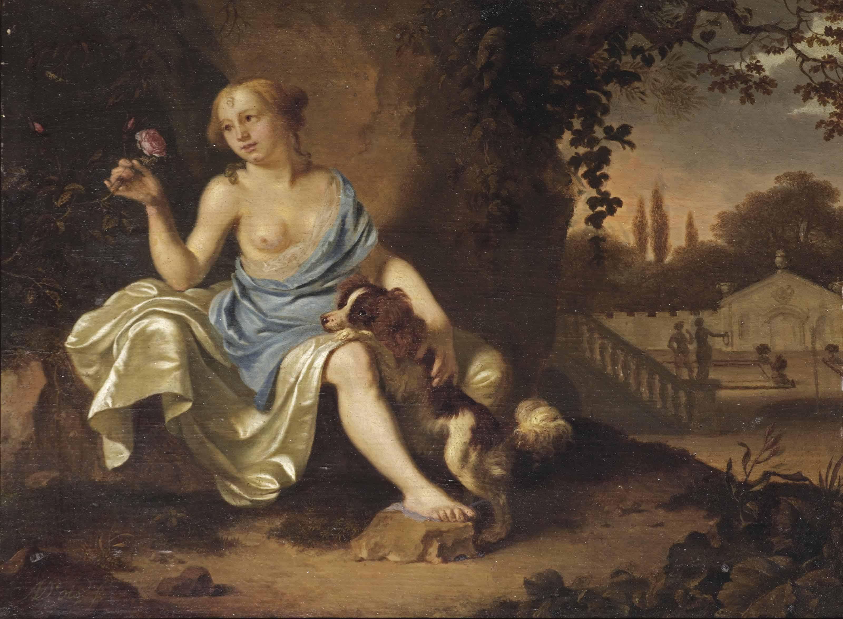 Ary De Vois - A Classical Park Landscape With A Seated Lady Dressed As A Nymph And Her Dog