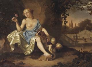Ary De Vois - A Classical Park Landscape With A Seated Lady Dressed As A Nymph And Her Dog