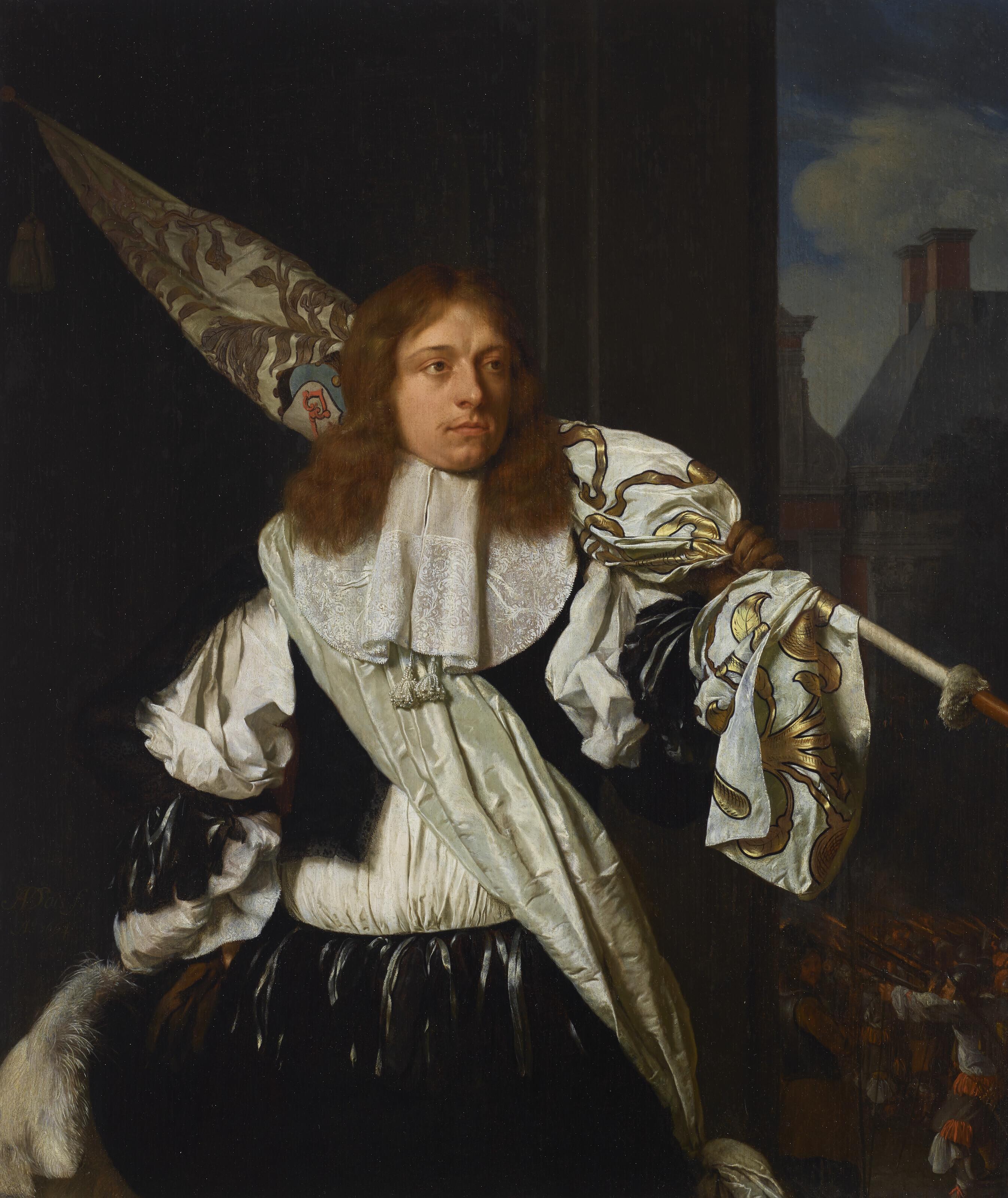 Ary De Vois - Portrait Of An Ensign Of The Leiden Civic Guard, Three-Quarter-Length, With Militiamen In The Background