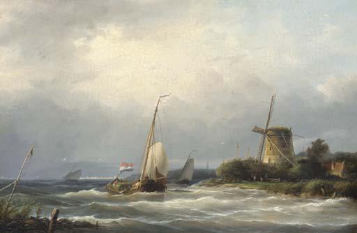 Ary Pleisizer - A Sailboat on Rough Seas by a Windmill