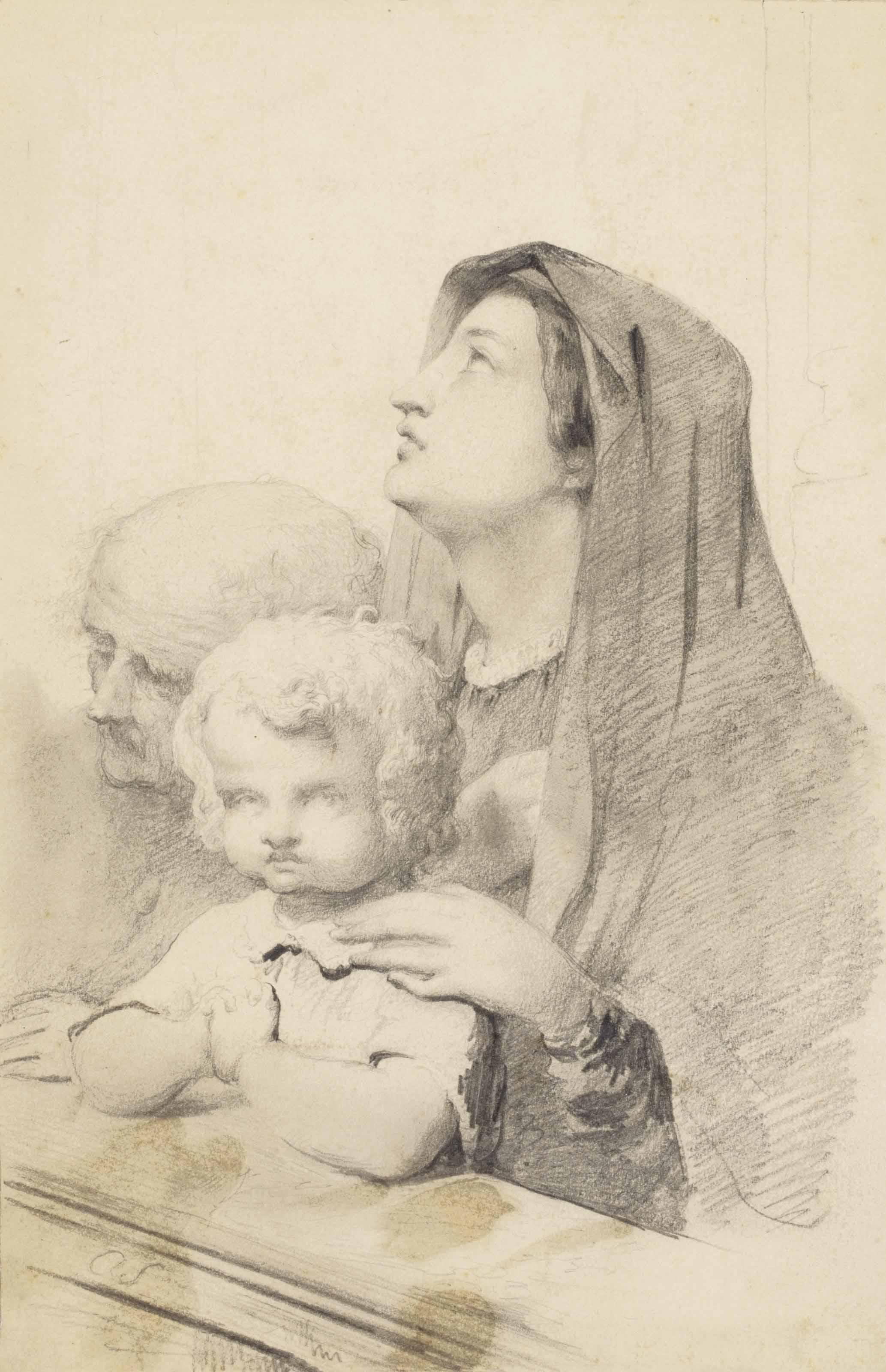 Ary Scheffer - A Mother And Child With An Old Man Kneeling In A Church