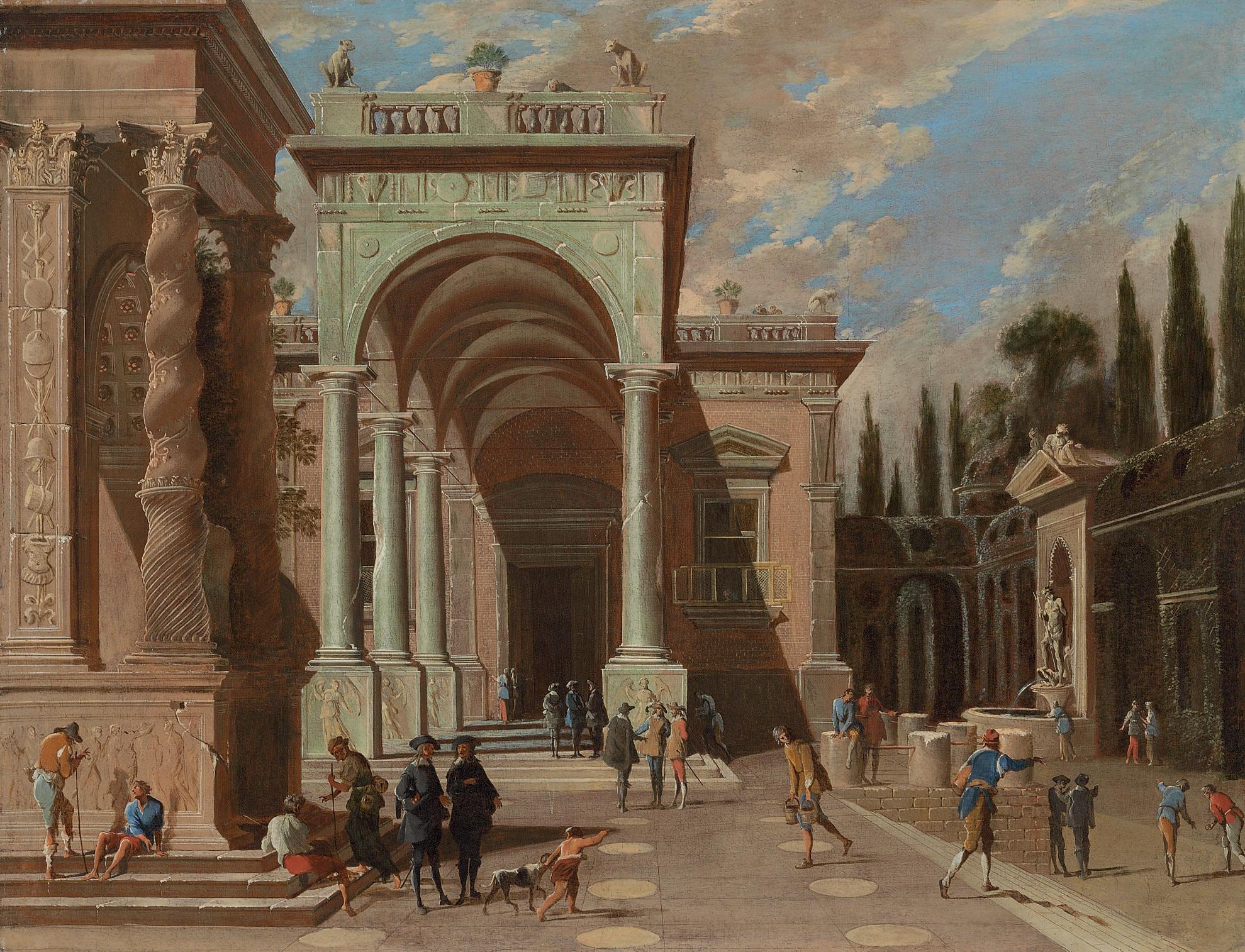 Ascanio Luciano - An architectural capriccio with figures outside a palace