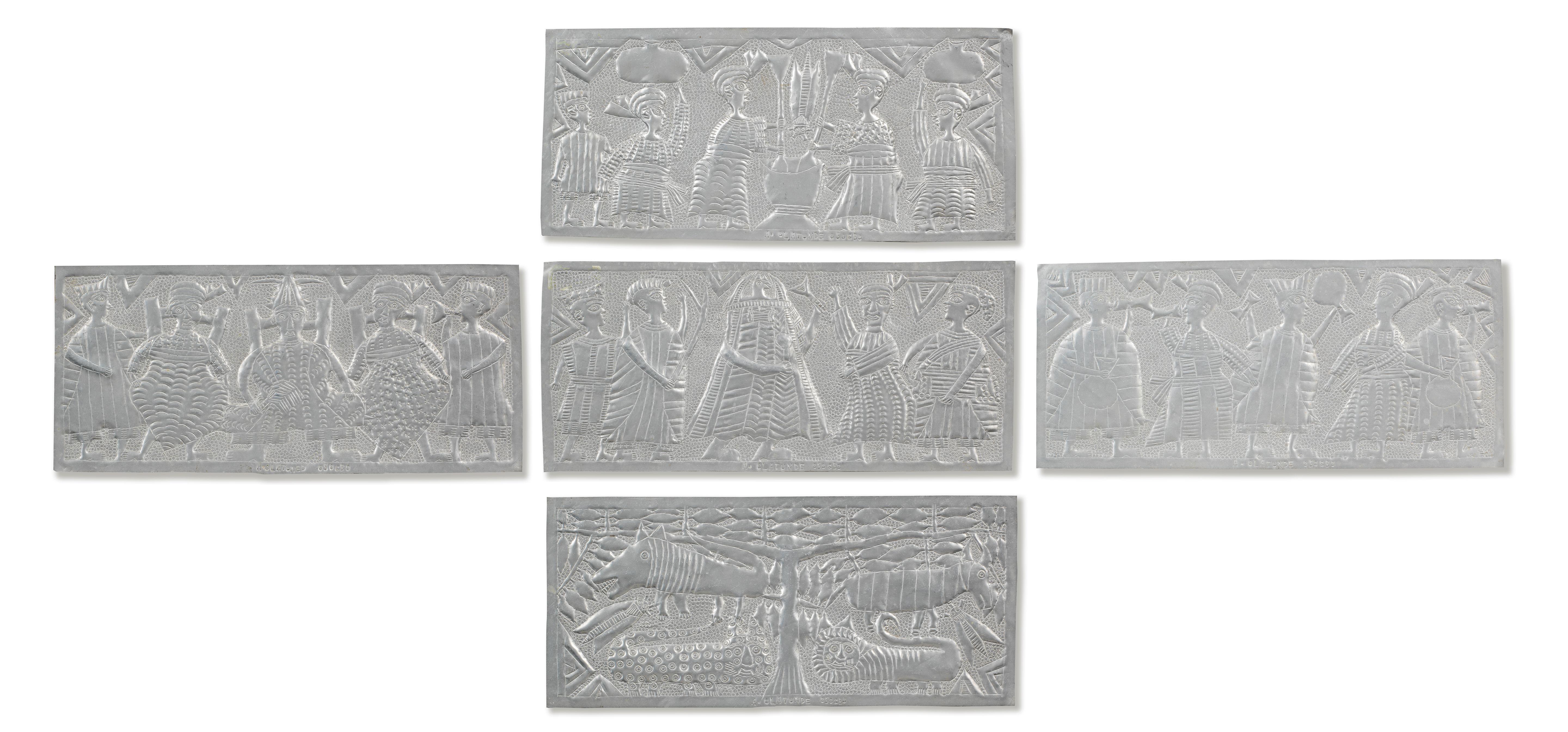 Asiru Olatunde - Five metal foil relief (repoussé) panels (i-v):