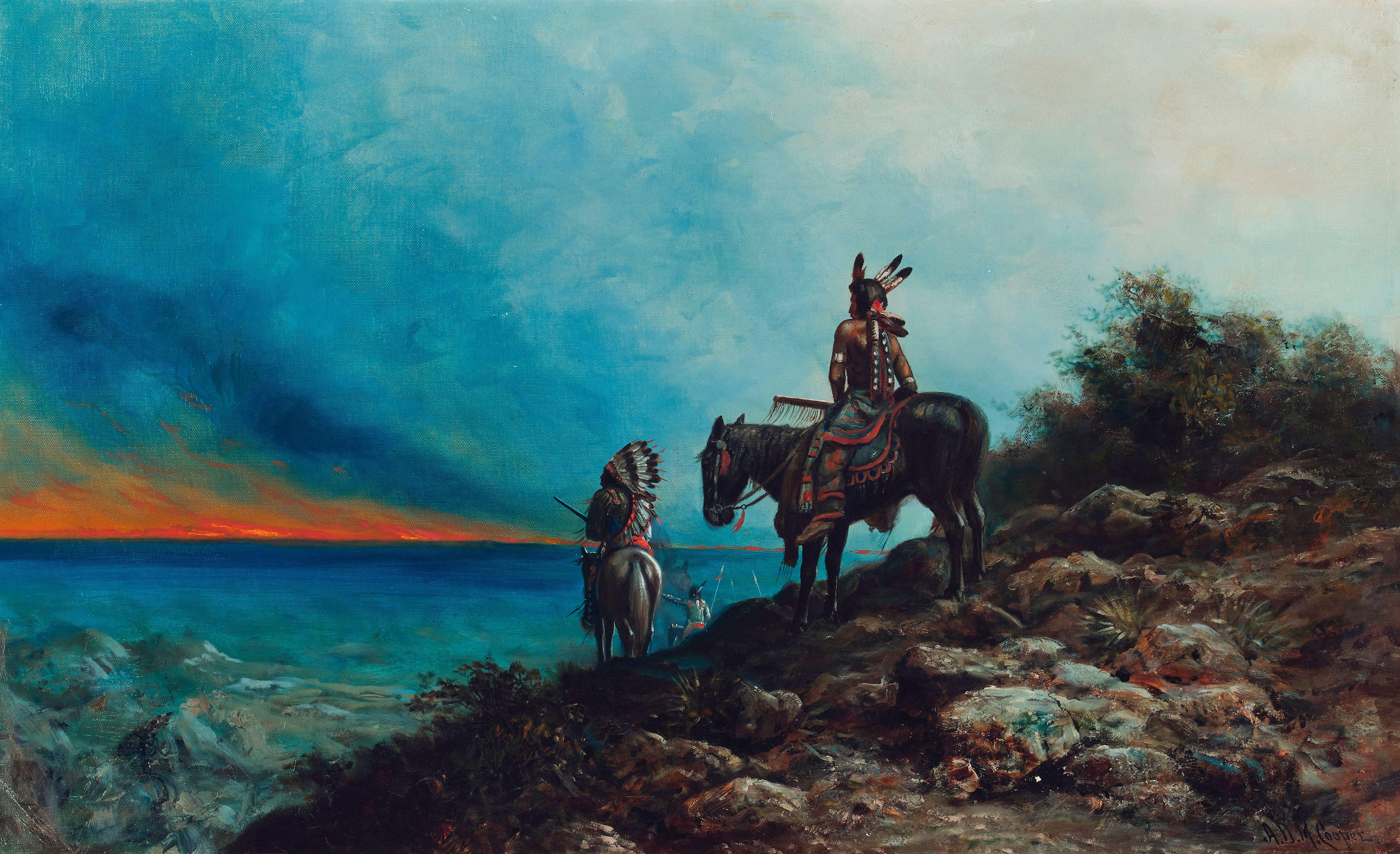 Astley David Middleton Cooper - Native American Scouts in a Western Landscape 23 3/4 x 38 3/4 in. framed 32 1/4 x 47 1/4 in.