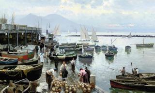 Attilio Pratella - A busy quay at Naples, Vesuvius beyond