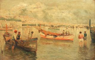 Attilio Pratella - Fishing Boats In The Bay Of Naples; A Pair Together With A Street Scene In Naples Attributed To The Same Hand Each 22.8 X 34.3Cm (9 X 13 1/2In)
