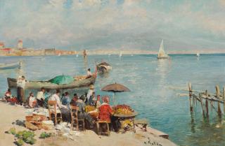 Attilio Pratella - Fruit sellers in the bay of Naples; A day at the beach each 23 x 34cm (9 1/16 x 13 3/8in). (2)