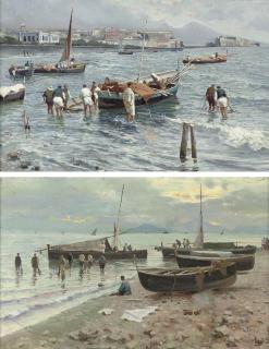 Attilio Pratella - Pescatori presso la Baia di Napoli; and Ritorno dei pescatori al tramonto con la pesca
