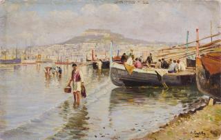 Attilio Pratella - Ritorno dalla pesca con scorcio di Napoli