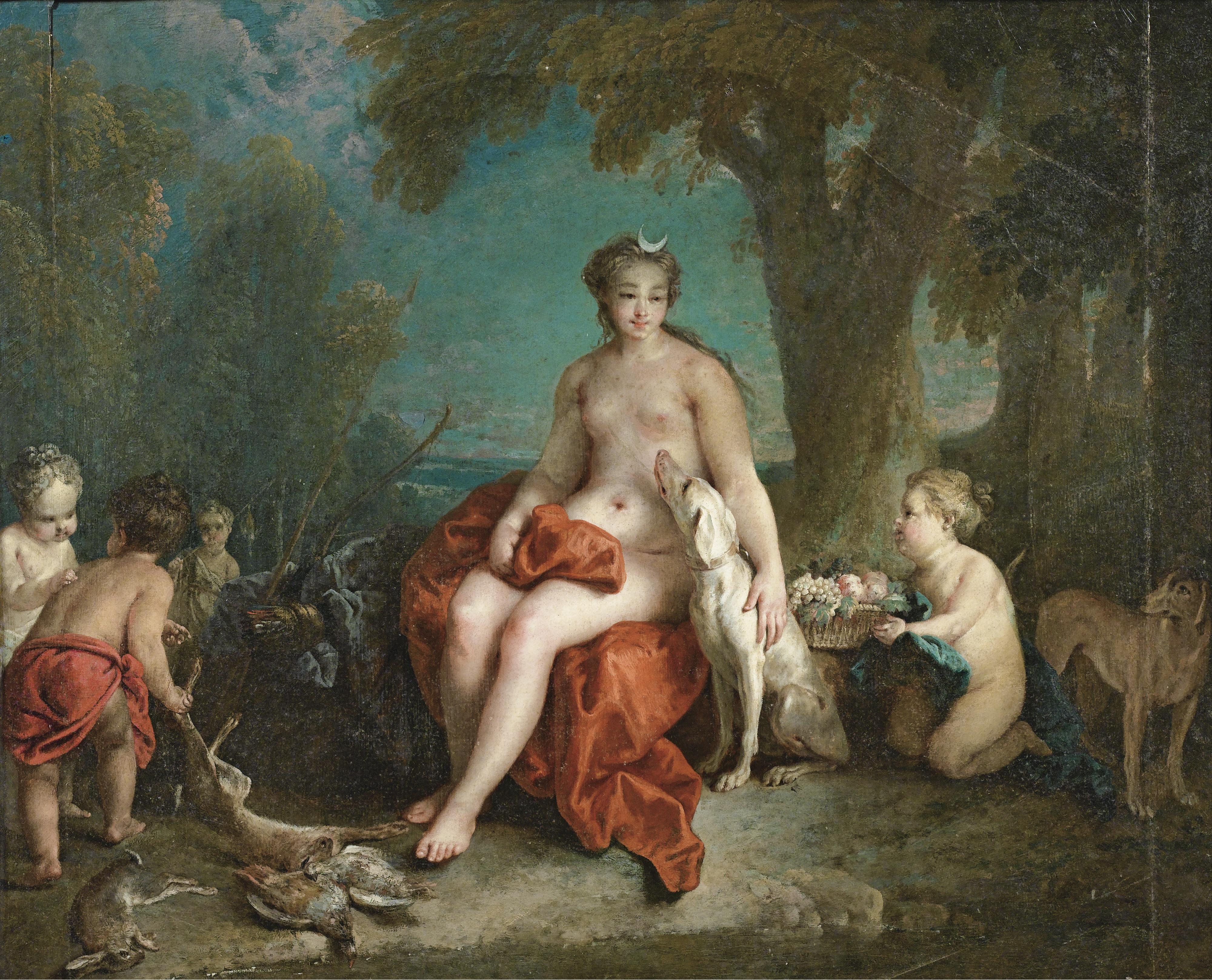 Auger Lucas - Le Repos De Dianeauger Lucas ; Diana Resting ; Oil On Canvas Laid Down On An Octogonal Panel Made Up To A Rectangle By The Artist Himself