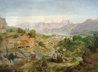 August Albert Zimmermann - Figures in an extensive valley landscape