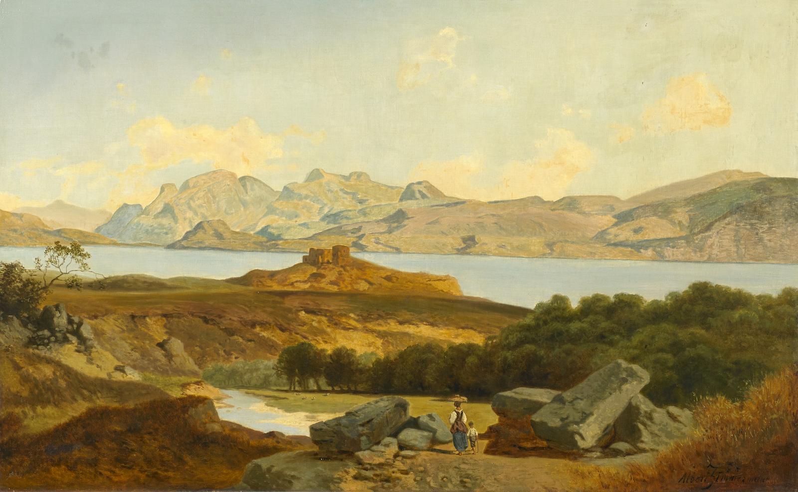 August Albert Zimmermann - Weite italienische Gebirgslandschaft mit See.