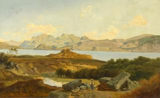 August Albert Zimmermann - Weite italienische Gebirgslandschaft mit See.