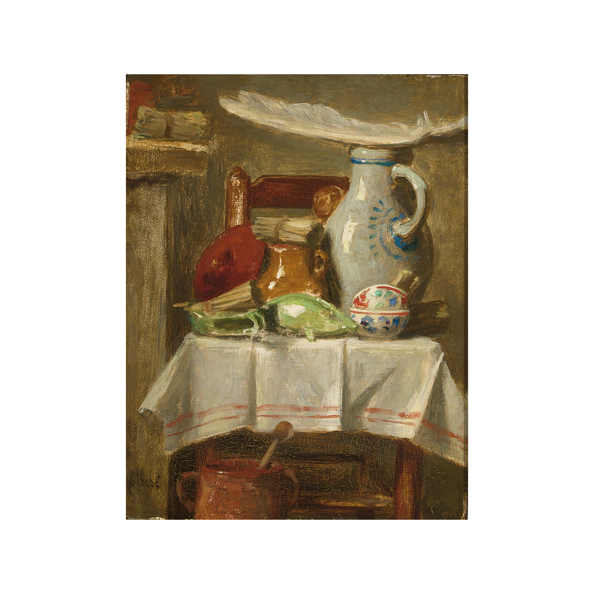 August Allebé - A Still Life With Stoneware Jugs And A Feather On A Kitchen Chair