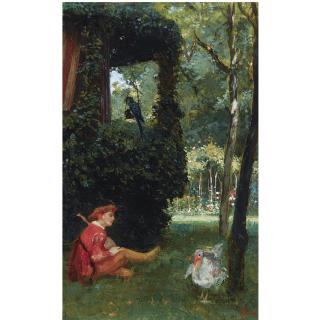 August Allebé - Dutch A Jester Playing The Lute In A Garden