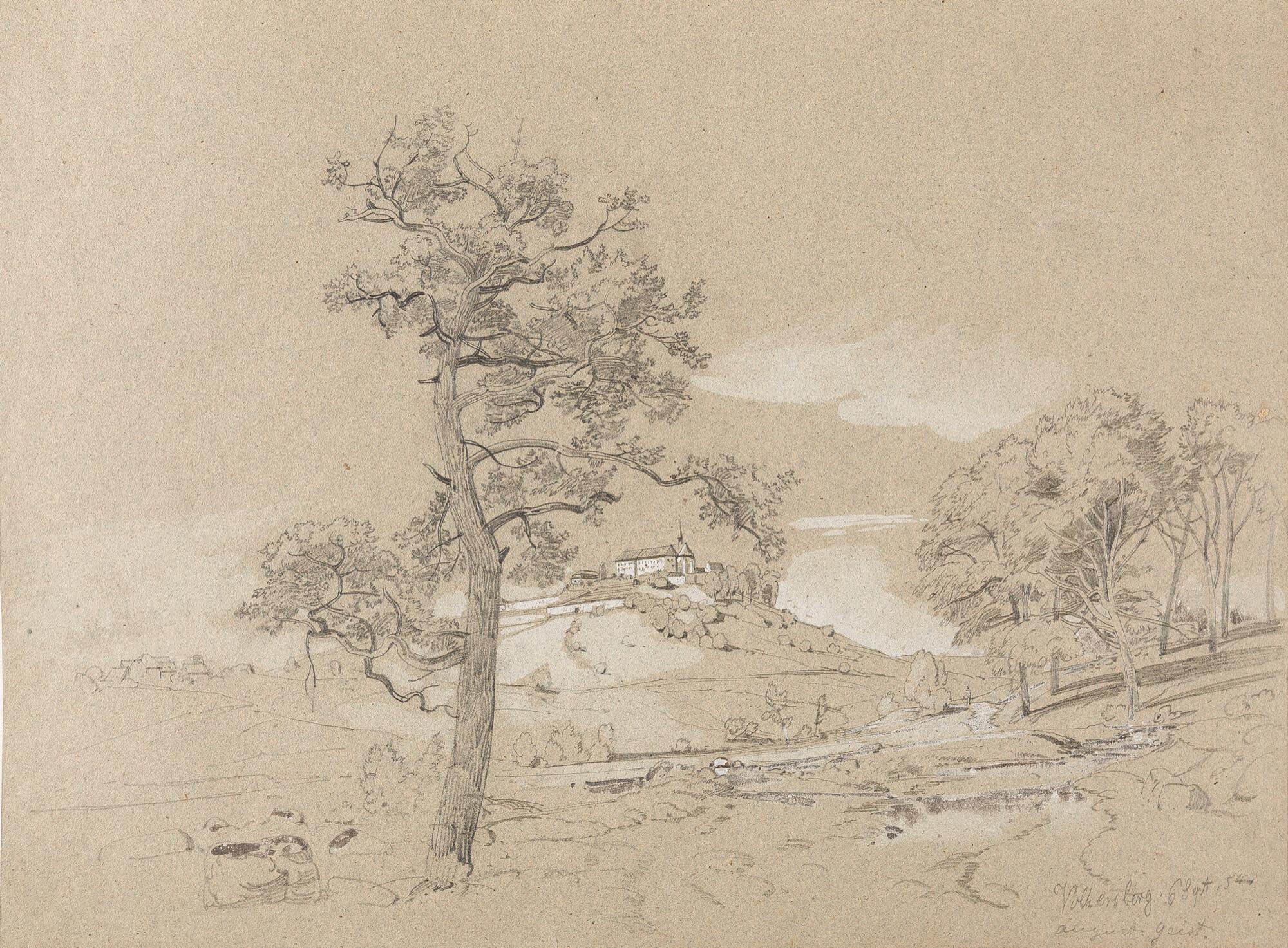 August Christian Geist - 2 Bll.: Landschaft mit Blick auf Haus Volkersberg –