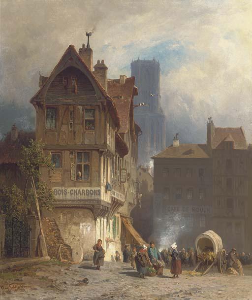August Eduard Schliecker - A Bustling Marketplace, Rouen