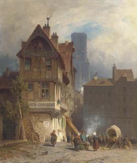 August Eduard Schliecker - A Bustling Marketplace, Rouen