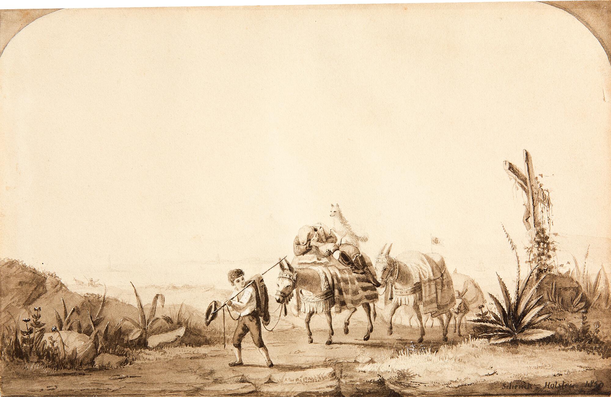 August Friedrich Schenck - Eine Eselkarawane in südlicher Landschaft.