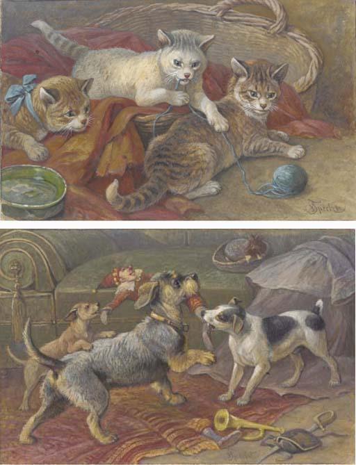 August Friedrich Specht - A baby dachshund and husky playing; Terriers fighting for a doll; A mastiff, a dachshund, a terrier and a beagle by a butcher\'s door; Three kittens playing with a ball of wool; and two kittens watching a sparrow