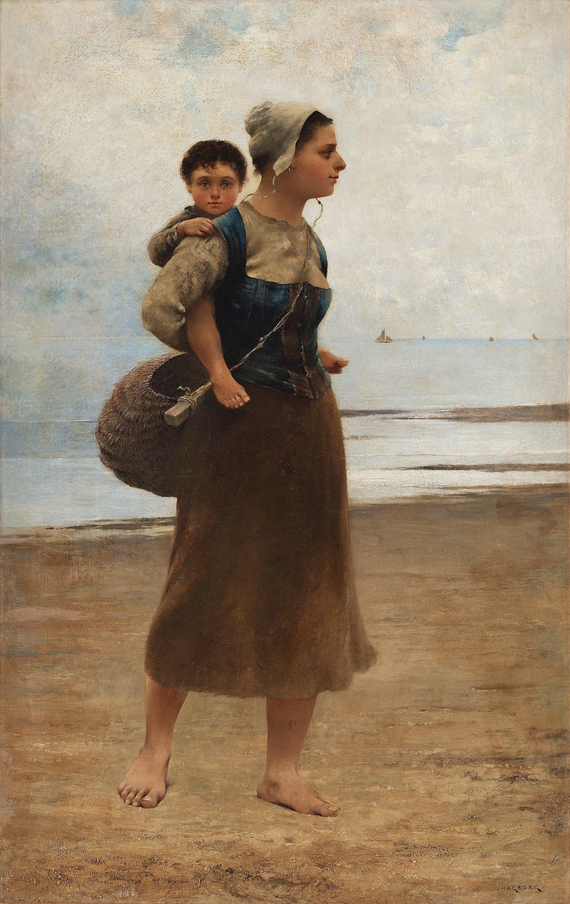 August Hagborg - Fisherwoman with child on a beach