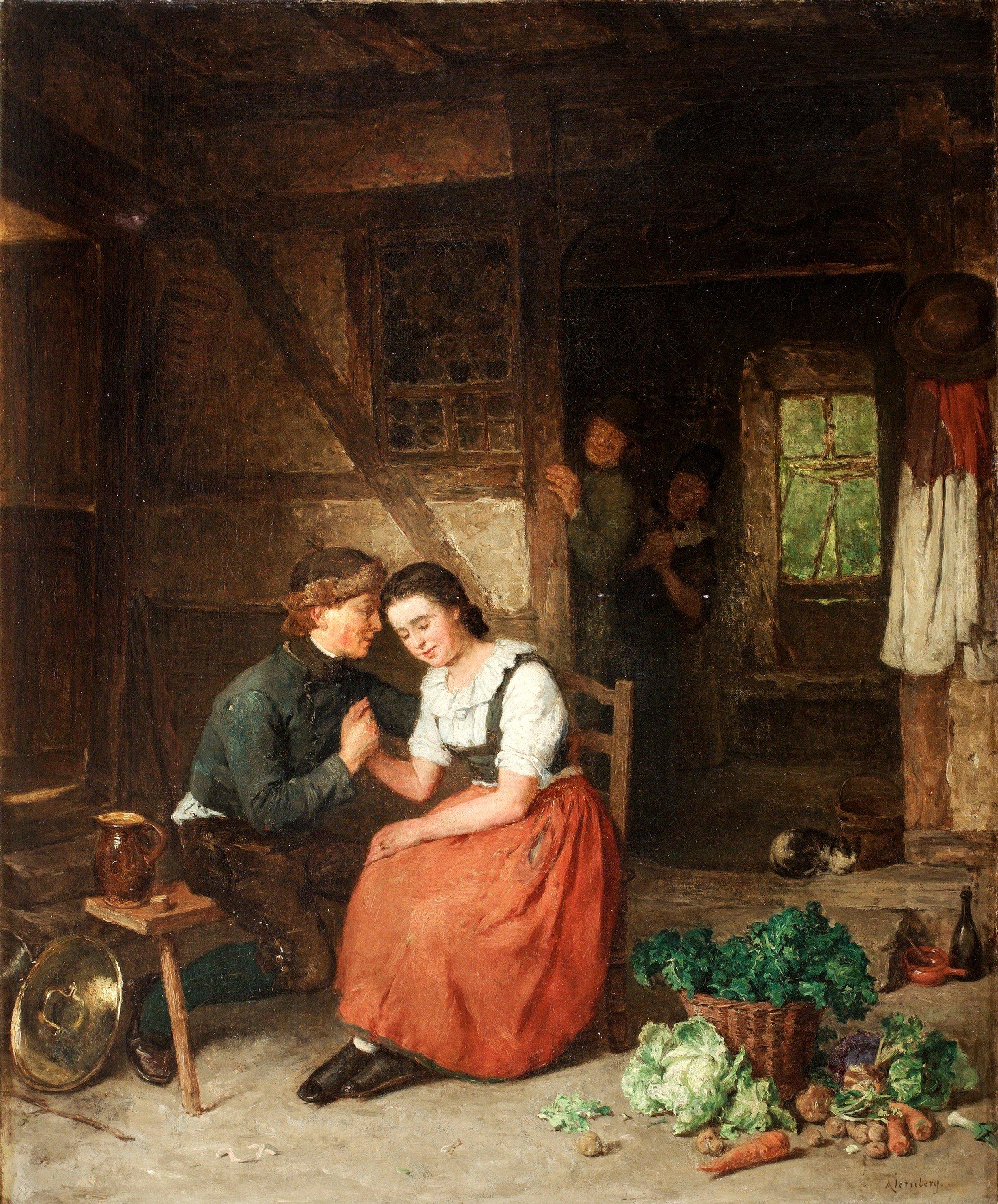 August Jernberg - Rustic peasant interior with courting couple