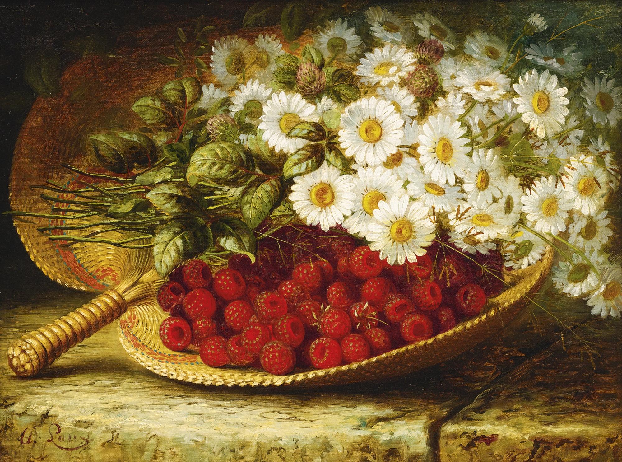 August Laux - Still Life With Daises And Raspberries On A Ledge