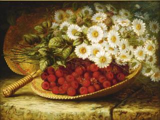 August Laux - Still Life With Daises And Raspberries On A Ledge