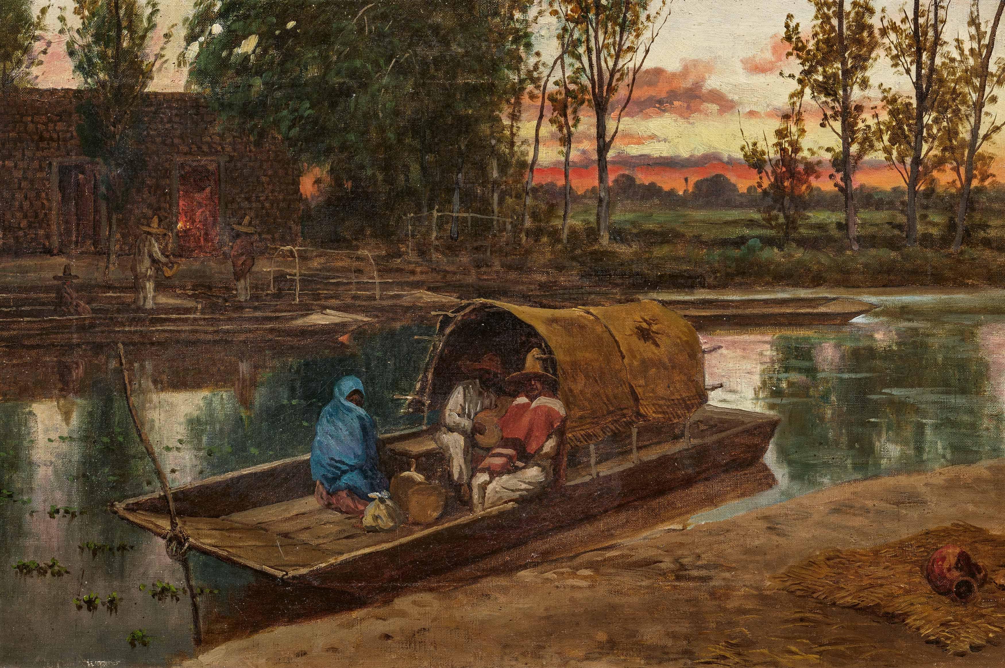 August Lohr - Flusslandschaft in Mexiko mit Personen im Boot.