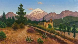 August Lohr - Gebirgslandschaft in Mexiko mit dem Popocatepetl.