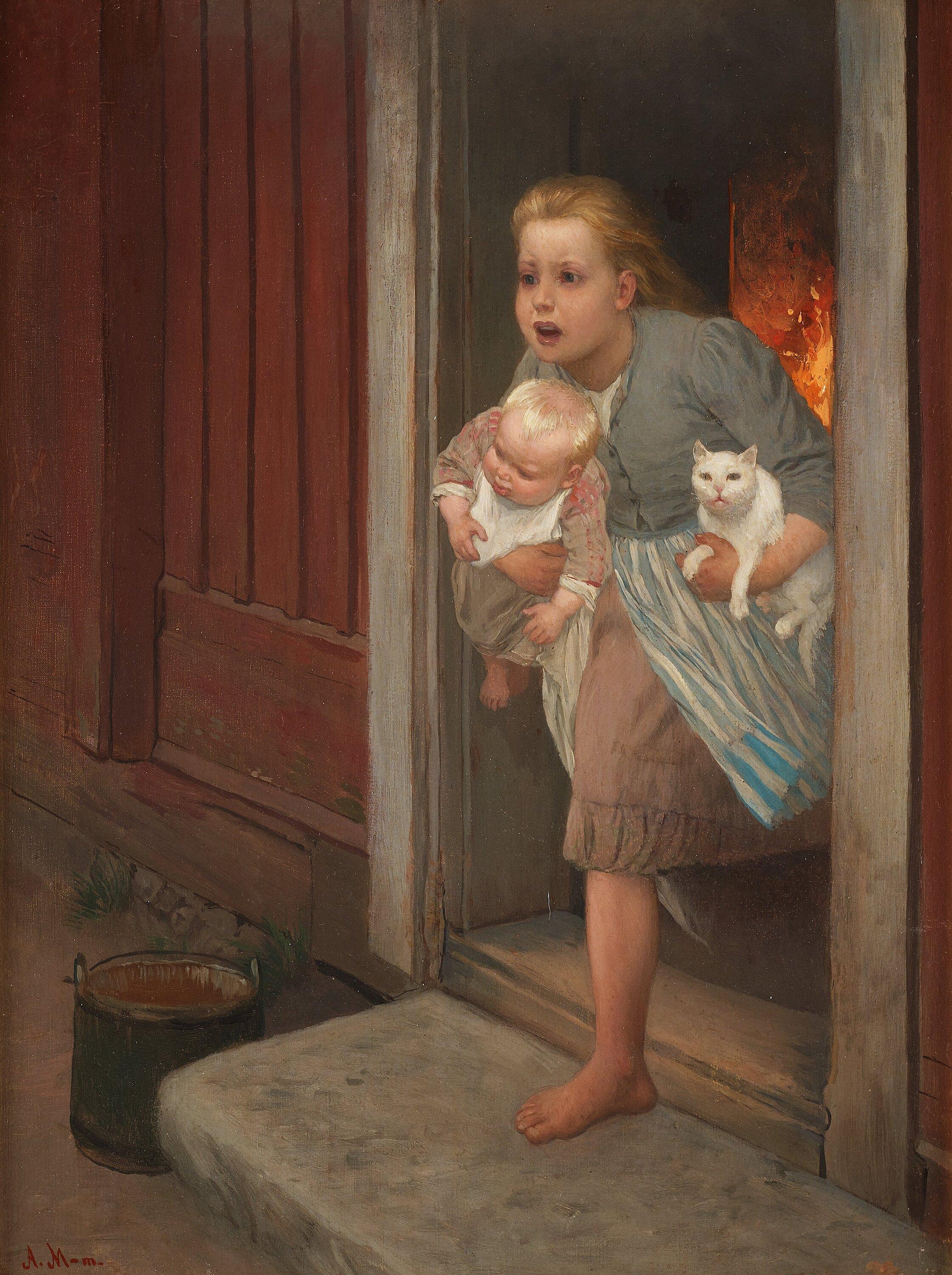 August Malmström - ”Elden är lös! Exteriör med två barn och en katt” (Fire! Exterior with two children and a cat)