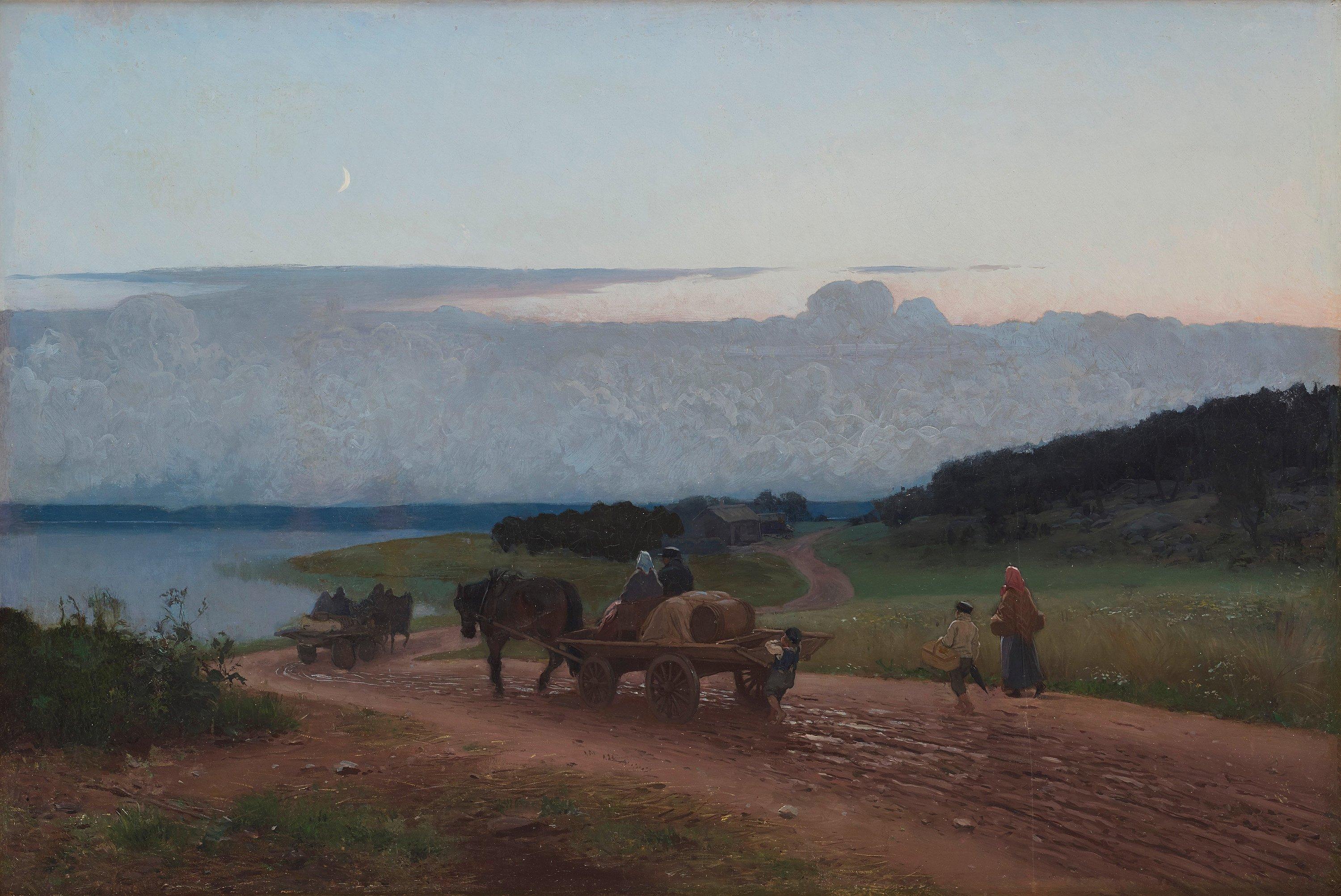 August Malmström - Evening landscape with farmers