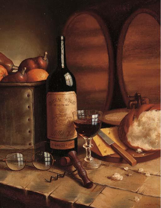 August Müller - A bottle of Chateau Margaux, a goblet, fruit, bread, cheese and spectacles on a table