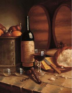 August Müller - A bottle of Chateau Margaux, a goblet, fruit, bread, cheese and spectacles on a table