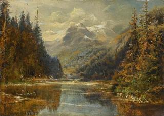 August Piepenhagen - Gebirgssee mit Anglern.