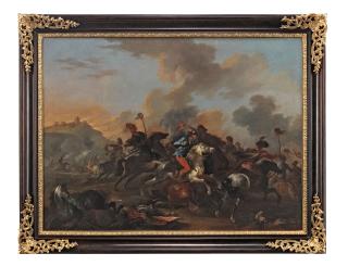 August Querfurt - A cavalry skirmish before a hilltop town; and A cavalry skirmish before a fortification (2)